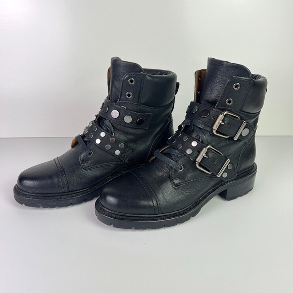 Frye Women's Samantha Stud Belted Hiker Combat Ankle Boots Black Size 7 - Picture 2 of 10